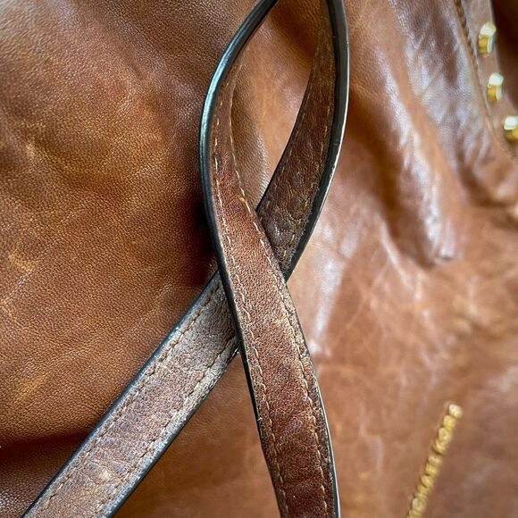 Michael Kors Leather Satchel, Cognac Brown, Gold Metallic Trim. - Picture 10 of 11